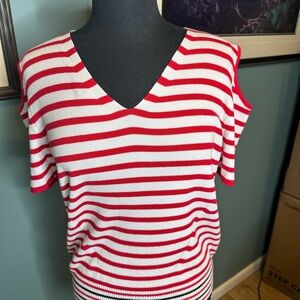 Joseph A Red and White Cold Shoulder Striped Sweater Patriotic Suze Large